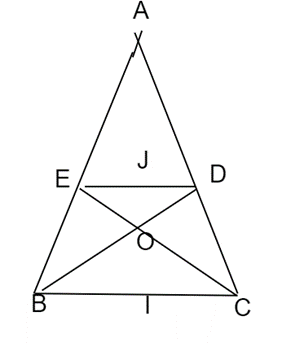Cho tam giác cân ABC (AB = AC), phân giác BD và CE. Gọi I là trung điểm của BC, J là trung điểm của ED, O là giao điểm của BD và CE. (ảnh 1)
