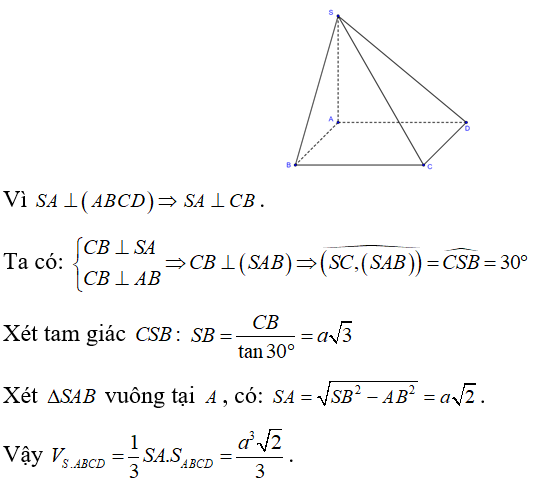 Cho hình chóp SABCD có đáy là hình vuông cạnh a, SA vuông góc với đáy (ảnh 1)