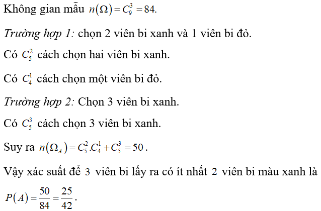 Một hộp đựng 9 viên bi khác nhau, trong đó có 4 viên bi đỏ và 5 viên bi xanh (ảnh 1)