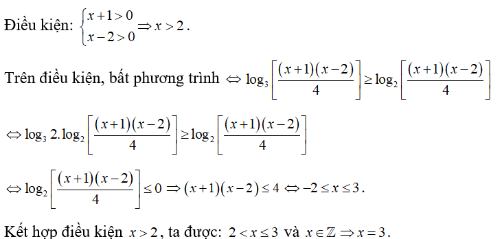 Cho bất phương trình log 3 (x+1) + log 1/2( x-2) lớn hơn hoặc bằng log 4( x+1)^2 -log 3( x-2/ 4)-2 (ảnh 1)