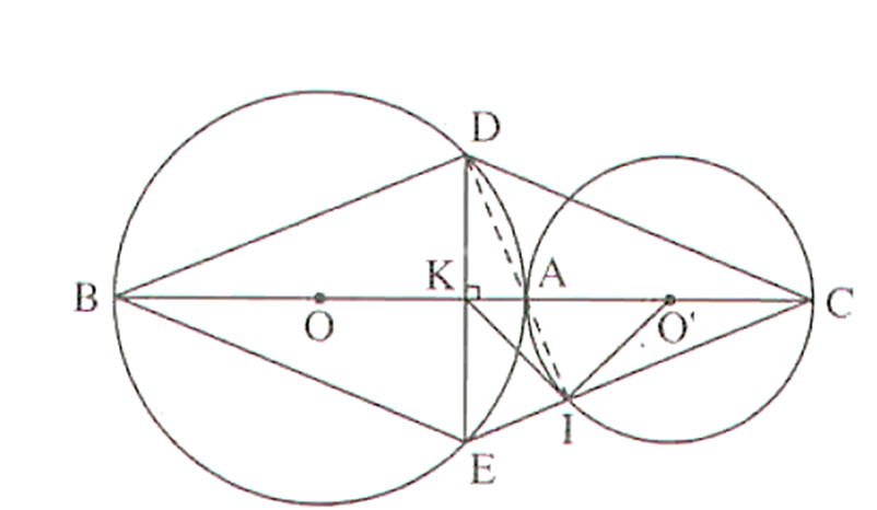 Cho hai đường tròn (O; R) và (O'; R') tiếp xúc ngoài tại A (R > R'). Vẽ các đường kính AOB, AO'C. Dây DE của đường tròn (O) vuông góc với BC tại trung điểm K của BC. (ảnh 1)