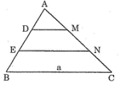 Cho tam giác ABC có Cạnh BC = a. Trên cạnh AB lấy các điểm D và E sao cho AD = DE = EB. Từ D, E kẻ các đường thẳng song song với BC, cắt cạnh AC theo thứ tự tại M và N. Tính theo a độ dài các đoạn thẳng DM và EN. (ảnh 1)