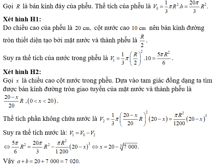 Một cái phễu có dạng hình nón, chiều cao của phễu là 20cm. Người ta đổ một lượng nước vào phễu sao cho chiều (ảnh 1)