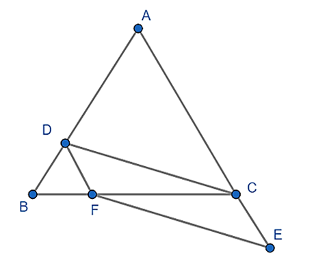 Cho tam giác ABC cân tại A lấy điểm D bất kì trên AB, lấy điểm E trên tia đối của tia CA sao cho CE = BD. Từ D kẻ đường thẳng song song với AC cắt BC tại F (ảnh 1)