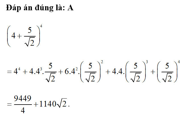 Biểu thức rút gọn của ( 4+ 5 / căn bậc hai 2 ) ^4 là (ảnh 1)