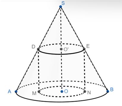 Cho hình nón đỉnh S, đáy là đường tròn tâm O đường kính AB = 4. D, E lần lượt là trung điểm của SA và SB (ảnh 1)