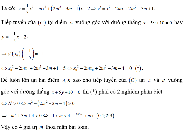 Cho hàm số y= 1/3x^3 -mx^2 +( 2m^2 - 3m+1) x-2  có đồ thị (C) . Có bao nhiêu giá trị nguyên của tham số (ảnh 1)