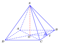 Cho hình chóp tứ giác đều S.ABCD có cạnh đáy bằng a, chiều cao hình chóp (ảnh 1)