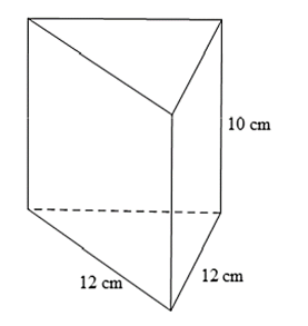 Một miếng pho mát có dạng khối lăng trụ đứng với chiều cao 10 cm và đáy là tam giác vuông cân có cạnh góc vuông bằng 12 cm. (ảnh 1)