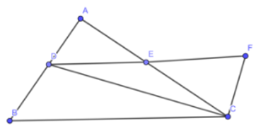 Cho tam giác ABC, D là trung điểm AB, E là trung điểm AC. Vẽ F sao cho E là trung điểm DF (ảnh 1)