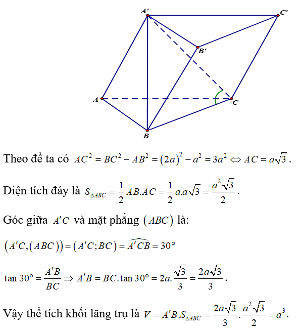 Cho khối lăng trụ ABC.A'B'C' có đáy ABC là tam giác vuông tại (ảnh 1)