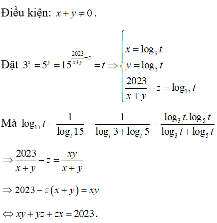 Cho các số thực x,y,z  thỏa mãn 3^x =5^y = 15^ 2023/ x +y -z. Tính giá trị biểu thức (ảnh 1)