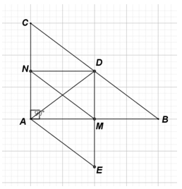 Cho tam giác ABC vuông tại A trung tuyến AD. Kẻ DM vuông góc AB (M thuộc AB), kẻ DN vuông góc AC (N thuộc AC). a) ANDM là hình gì? b) Lấy E đối xứng Dqua M. Chứng minh rằng AE//MN. c) D nằm ở vị trí nào trên cạnh BC để ANDM là hình chữ nhật. (ảnh 1)