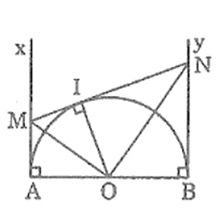 Cho nửa đường tròn tâm O đường kính AB. Gọi Ax, By là các tia vuông góc với AB (Ax, By và nửa đường tròn thuộc cùng một nửa mặt phẳng bờ AB) (ảnh 1)