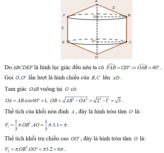 Cho hình lục giác đều ABCDEF có cạnh bằng 2. Quay lục giác xung quanh đường chéo (ảnh 1)