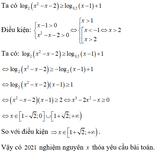 Bất phương trình log 2( x^2 -x -2) lớn hơn hoặc bằng log 0,5( x-1) +1  có bao nhiêu nghiệm nguyên thuộc  ? (ảnh 1)