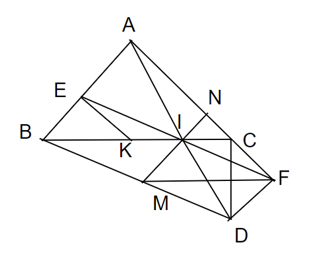 Cho ABC vuông cân tại A. Trên tia đối của tia CA lấy điểm F, trên AB lấy điểm E sao cho BE = CF. Vẽ hình bình hành BEFD (ảnh 1)