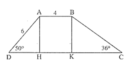 Cho hình thang ABCD (AB // CD) có  , AB = 4cm, AD = 6cm. a) Tính đường cao AH của hình thang. b) Tính BC. c) Tính chu vi hinh thang ABCD. (ảnh 1)