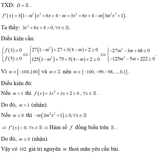 Cho hàm số f(x)=(1-m^3) x^3 + 3x^2 + (4-m) x+2. Có bao nhiêu giá trị nguyên của tham số (ảnh 1)