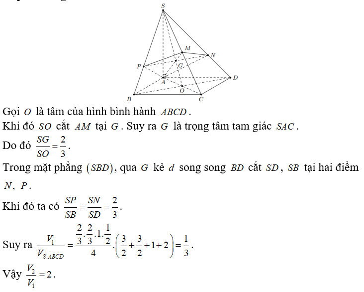 Cho khối chóp tứ giác SABCD có đáy ABCD là hình bình hành. Gọi M là trung điểm của SC, mặt phẳng (P) (ảnh 1)