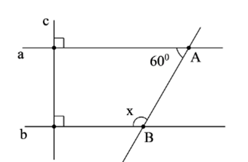 Cho hình vẽ, biết a ⊥ c, b ⊥ c và góc A = 60 độ . Chứng minh: a // b. (ảnh 1)