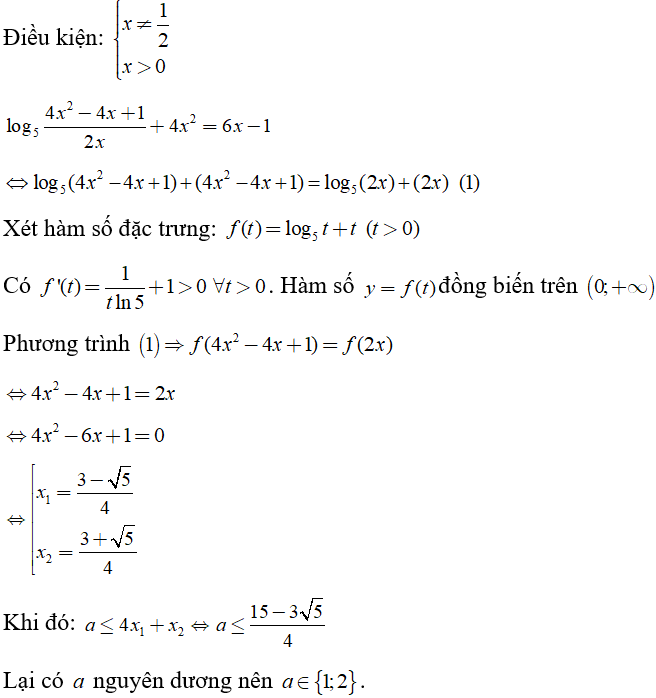 Gọi x1,x2  (với x1 nhỏ hơn x2) ) là các nghiệm của phương trình log5 4x^2 - 4x +1/ 2x + 4x^2 = 6x -1 (ảnh 1)