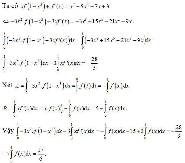 Cho hàm số y=f(x) có đạo hàm liên tục trên R và thỏa mãn f(1)=5 và (ảnh 1)