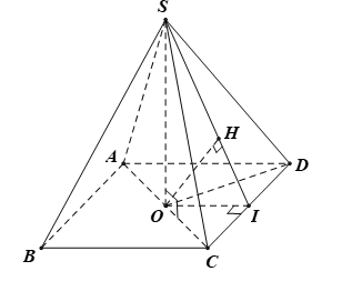 Cho hình chóp tứ giác đều S.ABCD có tất cả các cạnh bằng a. Khi đó khoảng cách giữa đường thẳng AB và mặt phẳng (SCD) bằng (ảnh 1)