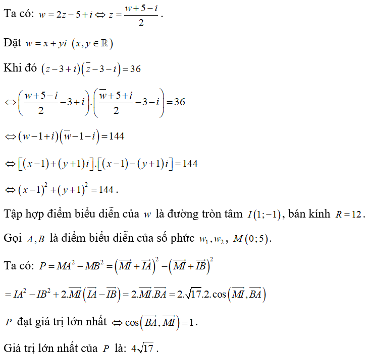 Gọi   là tập hợp tất cả các số phức w= 2z-5+i  sao cho số phức (ảnh 1)