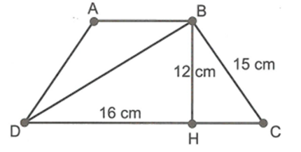 Cho hình thang cân ABCD (AB // CD, AB < CD), BC = 15cm, đường cao BH = 12cm, DH = 16cm. Chứng minh BD vuông góc với BC. (ảnh 1)