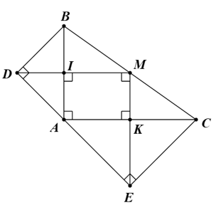 Cho tam giác ABC vuông tại A. Về phía ngoài tam giác ABC, vẽ hai tam giác vuông cân ADB (ảnh 1)