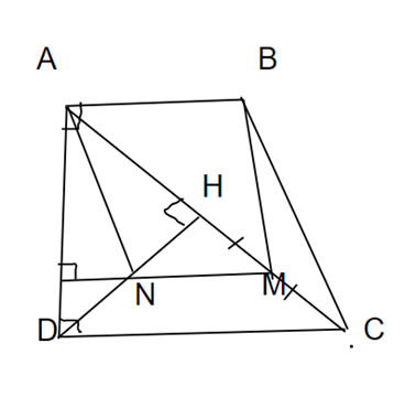Cho hình thang vuông ABCD ( ) cạnh  , gọi H là hình chiếu của D lên AC. M, N là trung điểm của HC và HD.  a) Tứ giác ABMN là hình gì?  b) Chứng minh:   = 90°. (ảnh 1)