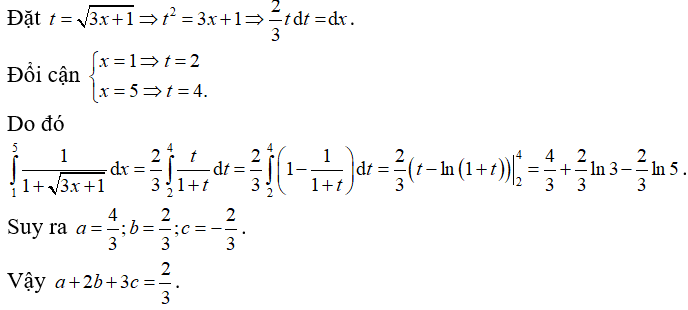 Biết tích phân 1 đến 5 của 1/ 1 + căn 3x+1 dx = a + bln3 +cln5 (a,b,c thuộc Q) . Giá trị của a+2b +3c  bằng: (ảnh 1)