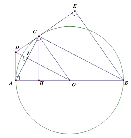 Cho đường tròn (O) đường kính AB, lấy điểm C thuộc đường tròn (O), với C không trùng A và B. Gọi I là trung điểm của đoạn AC.  (ảnh 1)