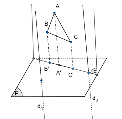 Cho mặt phẳng (α), tam giác ABC nằm trên mặt phẳng (a); phương chiếu d. Biết hình chiếu (theo phương d) của tam giác ABC (ảnh 1)