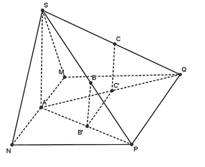 Cho hình chóp S.MNPQ, A là trung điểm của MN, B là trung điểm của SP, C là trung điểm của SQ. (ảnh 1)