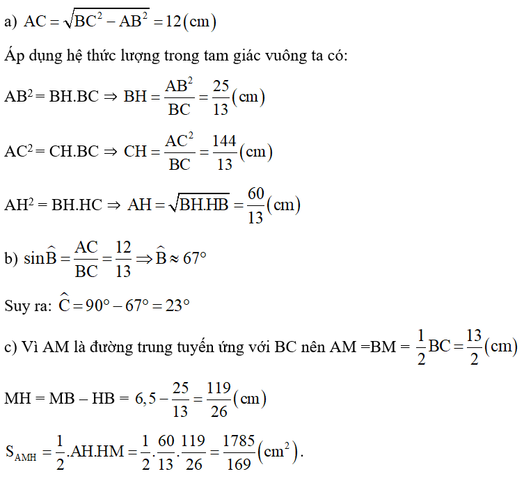 Cho tam giác ABC vuông tại A có AB = 5cm, BC = 13cm. AH là đường cao. a) Tính BH (ảnh 2)