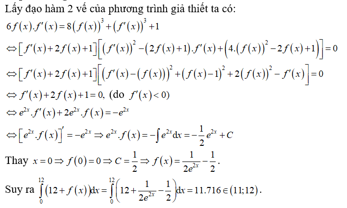 Cho hàm số f xác định, đơn điệu giảm, có đạo hàm liên tục trên R  và thỏa mãn 3[ f(x)]^2= tích phân 0 đến (ảnh 1)