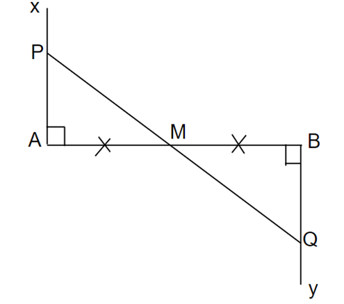 Gọi M là trung điểm của đoạn thẳng AB. Trên 2 nửa phẳng đối nhau bờ AB lần lượt vẽ 2 tia Ax, By vuông góc AB. Trên Ax lấy điểm P, Trên Ay lấy Q sao cho AP = BQ. Chứng minh P, Q, M thẳng hàng. (ảnh 1)