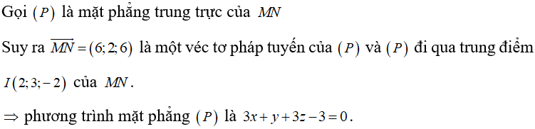 Trong không gian Oxyz , cho hai điểm M(-1;2;-5)  và N(5;4;1) . Mặt phẳng trung trực của MN  là (ảnh 1)