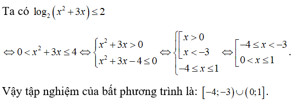 Tập nghiệm của bất phương trình log 2(x^2 +3x) nhỏ hơn hoặc bằng 2  là (ảnh 1)