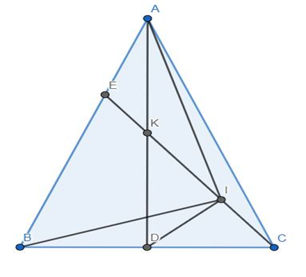 Cho tam giác ABC cân tại A, đường cao AD, K là trung điểm của AD. Gọi I là hình chiếu của điểm D trên CK.  (ảnh 1)
