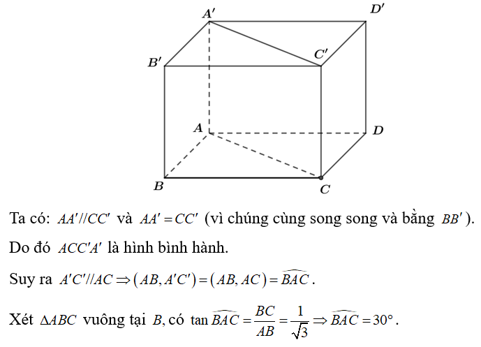 Cho hình hộp ABCD.A'B'C'D' có AB = a căn 3, AD = a ( tham khảo hình vẽ). Góc giữa hai đường thẳng   và   bằng (ảnh 1)