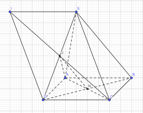 Cho hình vuông ABCD và CDIS không thuộc mặt phẳng và cạnh bằng 4. biết tam giác SAC cân tại S, SB = 8. Thiết diện của mp ACI và hình chóp ABCD có diện tích bao nhiêu? (ảnh 1)