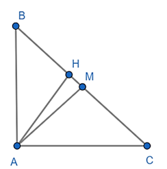 Cho tam giác ABC vuông ở A, đường cao AH và đường trung tuyến AM. Biết BC = 10cm; BH = 3,6cm. Tính AB, AH và  . (ảnh 1)