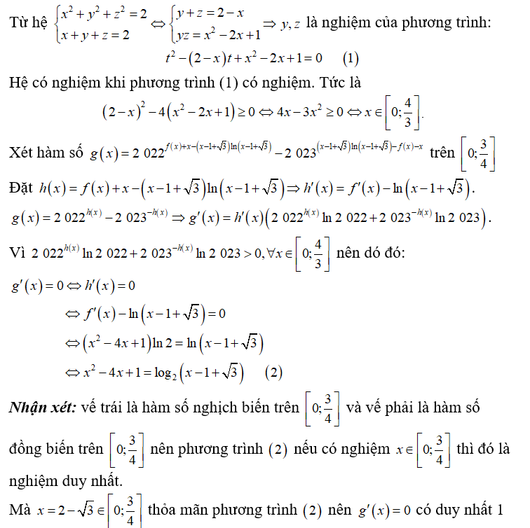 Cho x,y,z thuộc R  thỏa mãn x^2 +y^2 +z^2 = 2; x+y +z =2  và hàm số (ảnh 1)