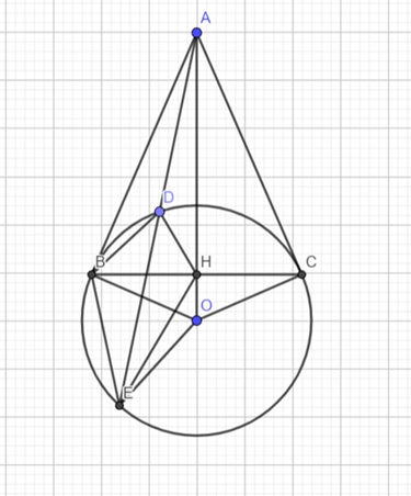 Cho điểm A nằm ngoài đường tròn tâm O, từ A vẽ hai tiếp tuyến AB, AC; B và C là hai tiếp điểm và một cát tuyến ADE đến (O).  a) Chứng minh AB2 = AD.AE. (ảnh 1)