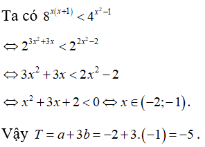 Bất phương trình 8^ x(x +1) nhỏ hơn 4^ x^2 -1 có tập nghiệm S=( a;b). Tính giá trị T = a +3b (ảnh 1)