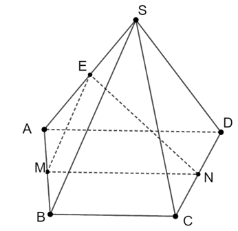 Cho hình chóp S.ABCD có đáy là hình thang (AD // BC, AD > BC). Gọi M, N, E  lần lượt là trung điểm của AB, CD, SA (ảnh 1)