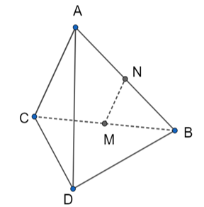 Cho tứ diện ABCD. Giả sử N là trung điểm của AB. trên mặt phẳng (BCD), hình chiếu của N (ảnh 1)
